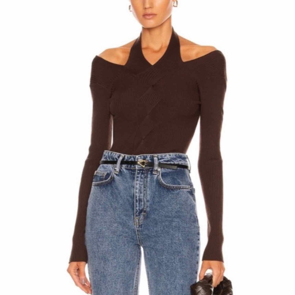 Jonathan Simkhai Leah Ribbed Cable Knit Wool Blend Sweater Chocolate